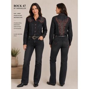 Rock 47 by Wrangler Western Shirt Black Red Pearl Snap Studded Boho Large